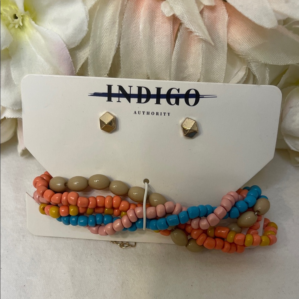 Indigo Multicolor Beaded Bracelet and Good Earrings